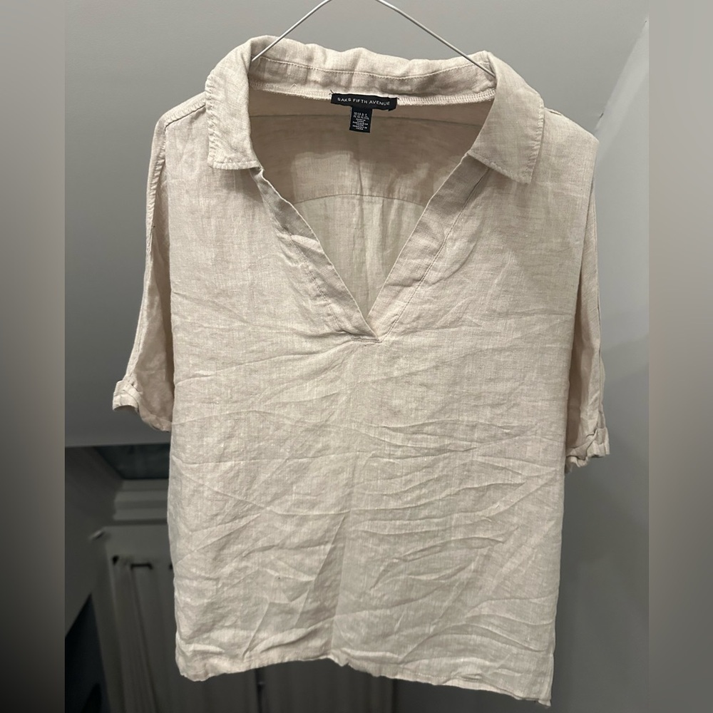 100% Linen Saks 5th Ave Cream Tan popover Short sleeves top Saks fifth Avenue